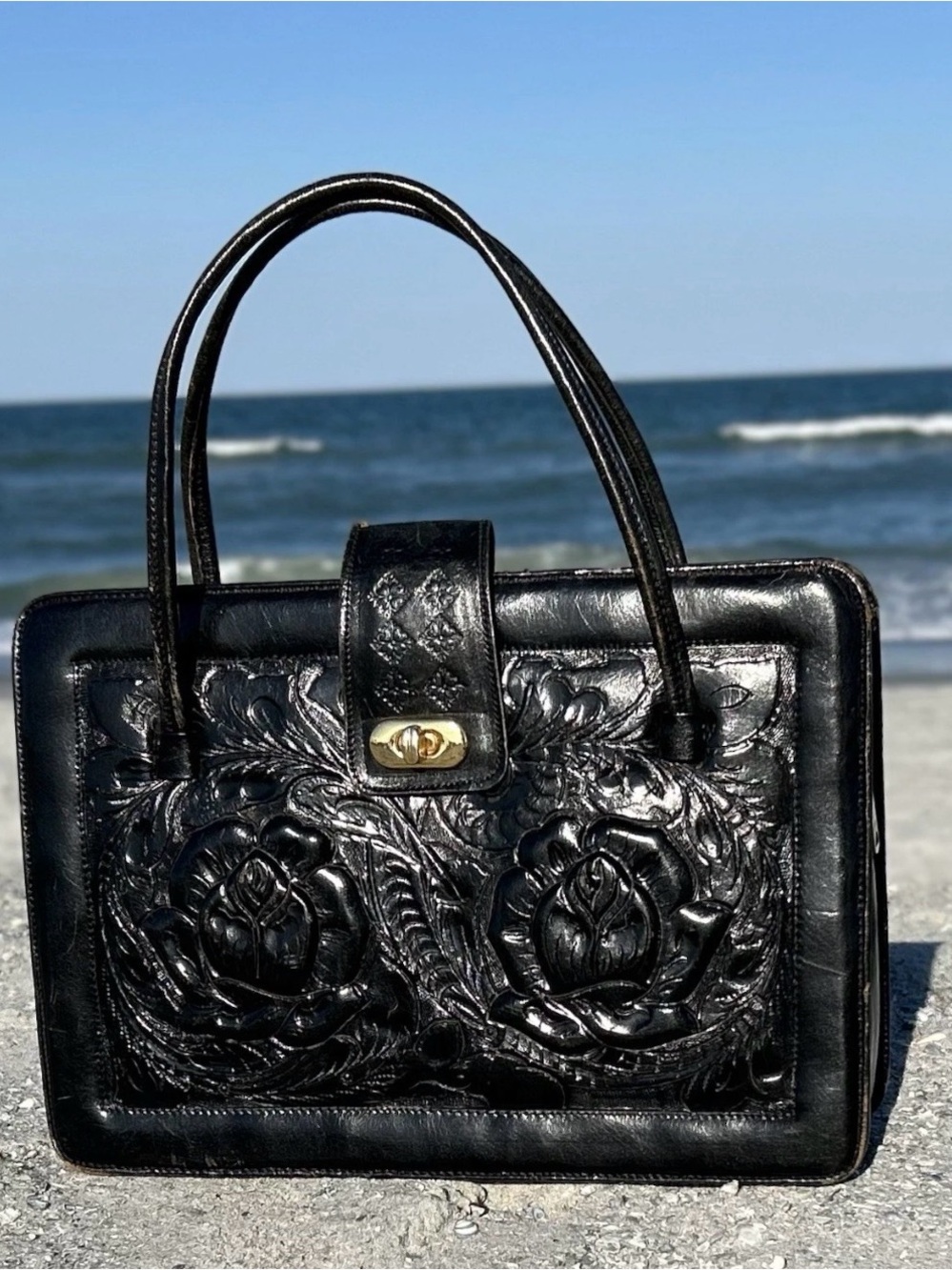 Classic Black Tooled Leather Tote Handbag made in Mexico
